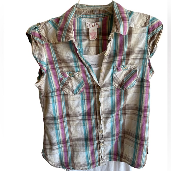 Op sleeveless button up shirt plaid design size Large 11/13 - Picture 3 of 11
